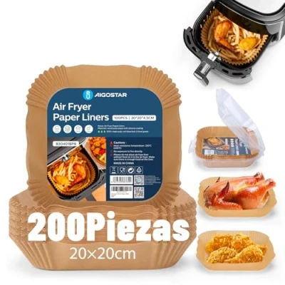 Imagen de Papel para Freidora de Aire 200 Piezas, 20 24CM Air Fryer Cuadrado horno Desechable Antiadherente, 5 8L y Microondas,BPA Free Aigostar