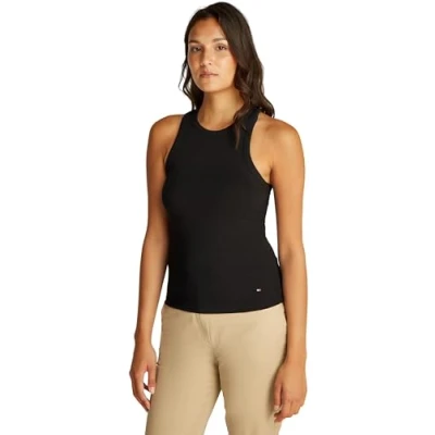 Imagen de Tommy Hilfiger Camiseta Tipo Top para Mujer Slim 5X2 Rib Canalé Elástica, Negro (Black), XXL