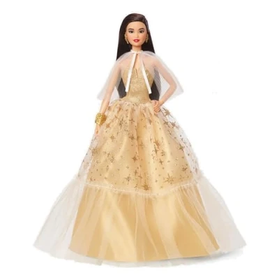 Imagen de Barbie Signature Navidad Muñeca asiática de colección Juguete con Vestido Gala Dorado, Regalo +3 años (Mattel HJX07)