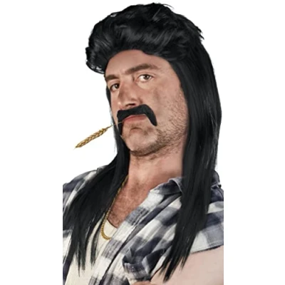 Imagen de CONJUNTO de: Peluca Mullet + Barba Cadena de Oro Rocker Chav Proll Pimp Rubio Morena Gris Negro 80s 90s (Negro Oro)