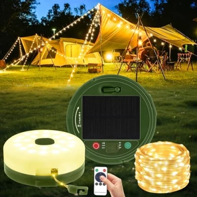 Imagen de Sprifityy 10M Cadena de Luces para Camping, Solar y Recargable USB Luz Campamento Enrollable con 8 Modos Control Remoto, Guirnalda Exterior Tienda Campaña, Jardín, Fiesta Senderismo