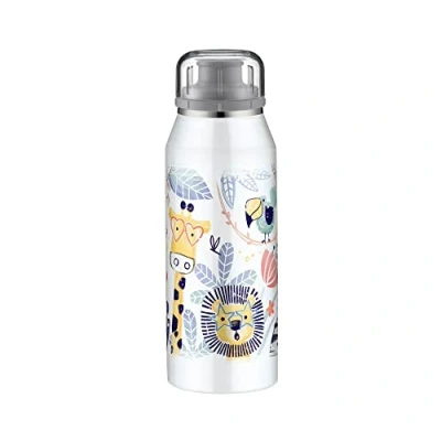 Imagen de alfi Kids ISO Bottle 350 ml, Crazy Jungle, cantimplora Infantil de Acero Inoxidable, estanca con tapón Rosca, Mantiene el Calor 12 Horas y frío 24 Horas, para Bebidas Gas, sin Huellas