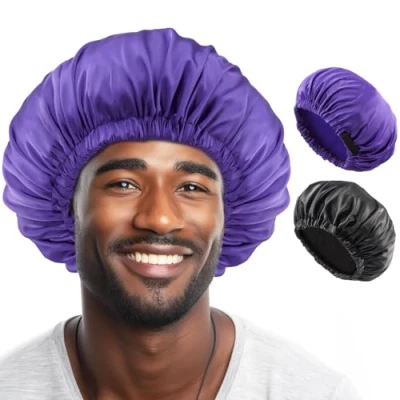 Imagen de Lolalet 2 Unidades Gorro de Satén para Dormir, Elástico Noche Sombrero Suave Seda Rizos Trenzas Hombres Negro/Morado