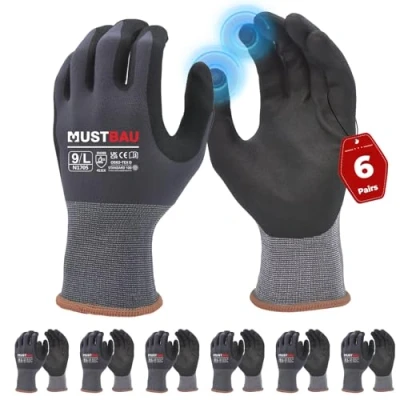 Imagen de Mustbau 6 Pares de Guantes Trabajo con Pantalla Táctil, Nitrilo Resistentes a la Abrasión, Excelente Agarre Adecuados para Jardinería, Mecánica, Construcción (Gris,L)