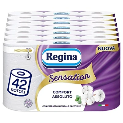 Imagen de Regina Sensation 42 rollos de papel higiénico, 160 tiras suaves 3 capas, suave y resistente, con extracto natural algodón, 60% plástico reciclado