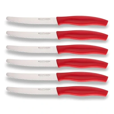 Imagen de ECHTWERK cuchillo para panecillos, práctico desayunos, 6 piezas, de acero inoxidable con filo sierra, apto panecillos y baguettes, mango ergonómico plástico, rojo