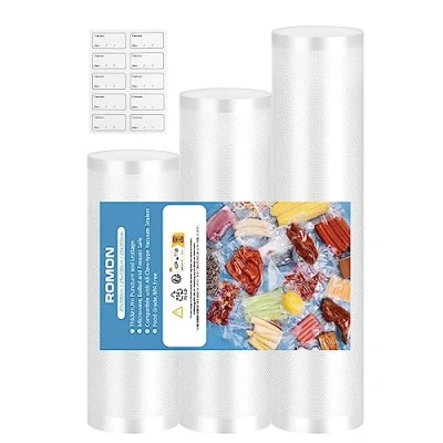 Imagen de Romon Bolsas Vacio Alimentos, 3 Rollos 28/25/20 X 300 cm Envasar al Con 20 Etiquetas Autoadhesivas, Rollo Envasado Para Todas Las Envasadoras Vacío, Sin BPA