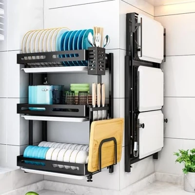 Imagen de ZYJIX Escurridor De Platos Acero Inoxidable, Pared con Bandeja Drenaje, Estante Almacenamiento Cocina Plegable 3 Niveles, Negro
