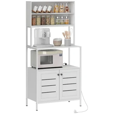 Imagen de HOMCOM Estantería de Cocina con Toma Corriente Soporte para Microondas Estante 2 Puertas Lamas Puertos USB y Compartimentos Comedor Salón Blanco
