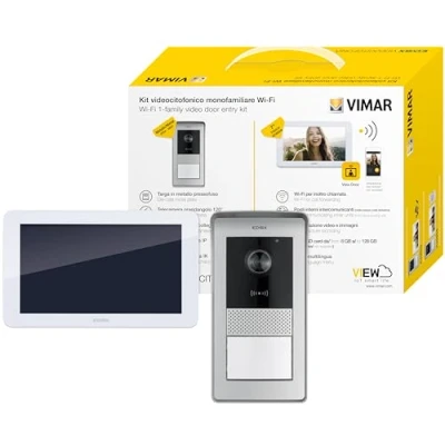 Imagen de Vimar K42955 Kit de videoportero smart con Wi Fi pantalla táctil en color LCD 7in, placa audio/vídeo RFID, alimentador, soportes para montaje superficie