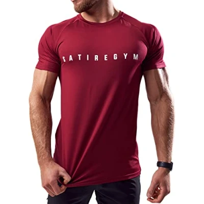 Imagen de Satire Gym Camiseta deportiva para hombre transpirable de fitness ajustada y secado rápido Ropa gimnasio culturismo, rojo, M