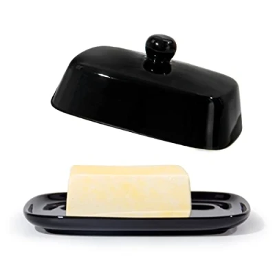 Imagen de Theo&amp;Cleo Mantequera Campana de mantequilla cerámica alta calidad Plato para todo tipo (250 g) Cuenco porcelana (negro)