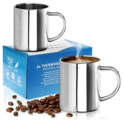 Imagen de Robin Goods® Juego de 2 Tazas térmicas Acero Inoxidable 350 ml por Taza café Termo para Beber (02 Piezas Brillante)