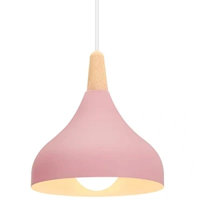 Imagen de iDEGU Lámpara de techo Retro LED Colgante moderna Estilo Gota E27 Iluminación Vintage en Madera Metal para Dormitorio Comedor Cocina, 20cm (Rosa, 1 Pieza)