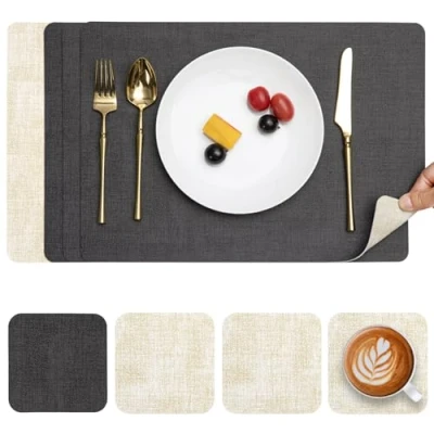 Imagen de Myir JUN Manteles Individuales y Posavasos, Salvamanteles de Cuero Juego 4 Mantel Individual Lavables Antideslizant Mesa Impermeables (Gris Crema, 4)