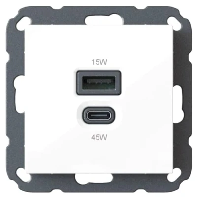 Imagen de USB C 45 Watt + A 15 Charger/Charger 6560 x 0100 for Home Installation, Standard Switch Programmes (55 55 mm), Power Delivery, T65.01 Estate