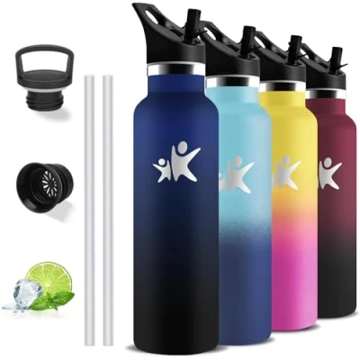 Imagen de Botella Agua Acero Inoxidable, Termica 1 litro, sin BPA, Termo de con Pajita, A Prueba Fugas, Cantimplora Dos Formas Beber, para la Gimnasio, Yoga