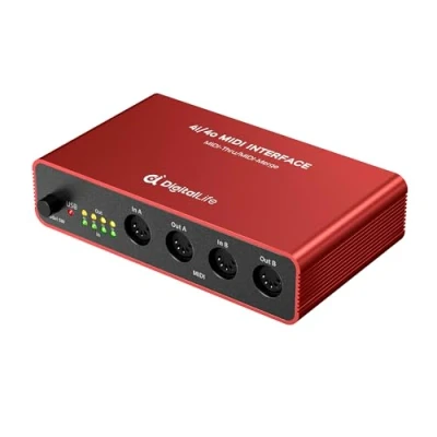 Imagen de DigitalLife Interfaz MIDI Quad I/O 5 PIN DIN Caja Thru (4 In/4 Out) &amp; Merge (2 Out), 8 Indicadores LED, Metal