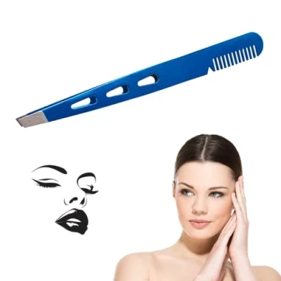 Imagen de Pinzas profesionales para cejas con punta oblicua de acero inoxidable Peine incorporado precisión en la depilación facial y vello encarnado Ideal hombres mujeres (azul)