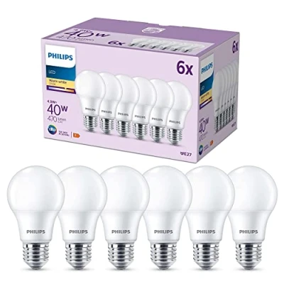Imagen de Philips Bombilla LED clásica mate 4.9W (Eq. 40W) 470 lúmenes, casquillo E27, Luz Cálida (2700K) Pack de 6 Bombillas