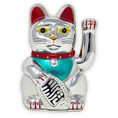 Imagen de gato de la suerte Starlet24, que saluda, Feng Shui, Maneki Neko, plástico, plata, 15 cm