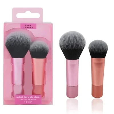 Imagen de Base y Colorete Mini Brush,Brocha Colorete,Brocha de Maquillaje Facial,Brocha Multiusos,Tamaño Viaje,para Base,Colorete,Bronceador,Juego 2 Piezas