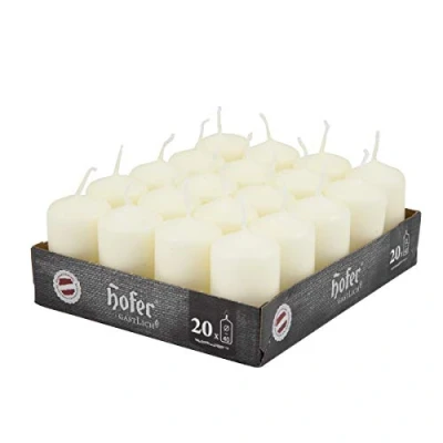 Imagen de Hofer Juego de 20 velas pequeñas sin aroma a granel, 4 x 7 cm, 11 horas combustión, cera antigoteo, mecha humo, calidad RAL, fabricadas en Austria