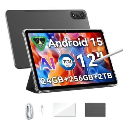 Imagen de Blackview Mega 2 Android 15 Tablet 12 Pulgadas FHD+ 2K, Dual 4G LTE &amp; 5G WiFi, 24GB RAM + 256GB ROM/2TB TF AI Cameras 9000 mAh Widevine L1/GPS/Face ID/WPS/PC Mode con Protector Lápiz óptico