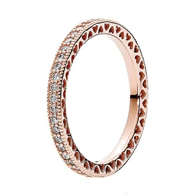 Imagen de PANDORA Signature Anillo centelleante con corazones chapado en oro rosa de 14 quilates circonitas cúbicas transparentes, talla 48