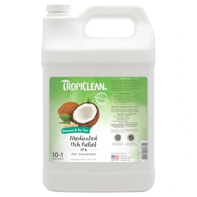 Imagen de TropiClean Champú Para Mascotas Alivio Medicado de la Picazón Exfolia, Humecta, Alivia Piel y el Pelo Seco I Perros Gatos Sin Parabenos, Colorantes, Jabón Avena Árbol Té, 3,78 L
