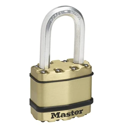 Imagen de MASTER LOCK Candado Alta Seguridad [Llaves] [Acero Laminado y Acabado en Latón] [Exterior] [Arco M] M1BEURDLF Ideal para Portales, Garages, Sótanos