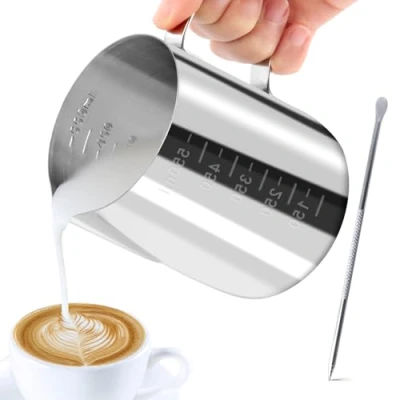 Imagen de JOPHEK Jarra Leche Barista 304 Acero Inoxidable, de Espuma Leche, con Medición e Lápiz Decorador para Espresso, Taza Café Espumar, Cafe Espresso (600ML)