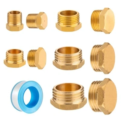 Imagen de 10 Piezas Tapón de Latón 1/8 1/4 3/8 1/2 3/4 Pulgada Tapa con Cinta Materia Prima Tapon Ciego Hembra Laton Hexagonal para Tubos Agua Potable Sistema Calefacción