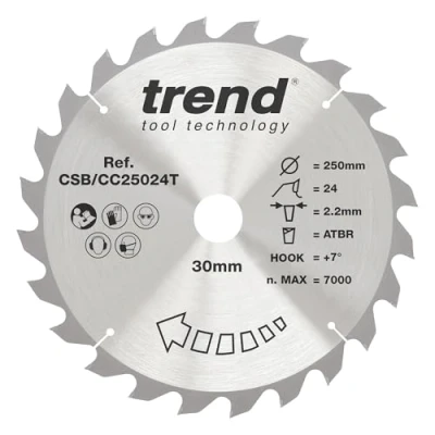 Imagen de Trend CraftPro Hoja de sierra circular TCT corte transversal con gancho positivo, 250 mm diámetro x 24 dientes 30 interior, CSB/CC25024T