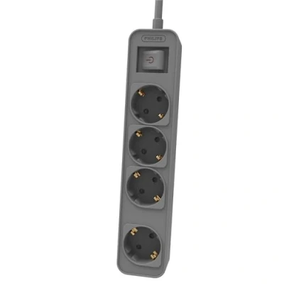 Imagen de Philips CHP2144G Regleta de 4 Enchufes, Bloqueo Alimentación, 1.440W, Cable Alimentación Trenzado 1.5 Metros Alta Resistencia, Cierre Seguridad (Indicador LED Prot) Color Gris