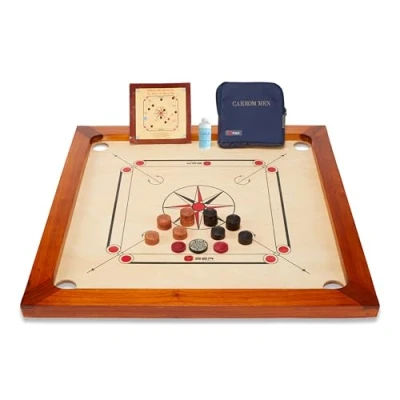 Imagen de Juego de Carrom Indio con Tablero Madera Mango Pulida, Bordes Elevados, 84x84 cm, Superficie 74x74 Incluye Fichas, Percutor y Polvo