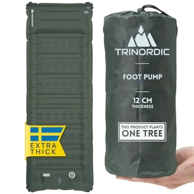 Imagen de Trinordic Colchon Hinchable Grueso Camping 12 cm Extra y Ancho con Bomba de Pie Almohada Esterilla Ligera para Viajes Aventura al Aire Libre, Senderismo Bikepacking