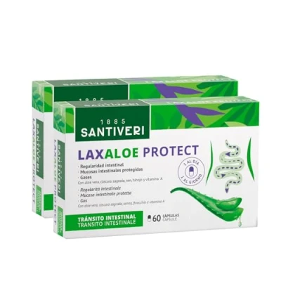 Imagen de SANTIVERI LaxAloe Protect, Complemento Alimenticio a Base de Cáscara Sagrada, Sen, Hinojo, Aloe y Vitamina A, que Ayudan Mantener la Regularidad Intestinal Pack 2 x 60 Cápsulas