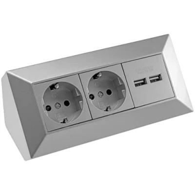Imagen de 2 enchufes de mesa + USB esquineros 230 V, 16 A y 45 montaje, precableado para encimera, oficina, cocina, taller, color plateado