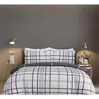 Imagen de Sleepdown Juego de Funda edredón Reversible 100% algodón Puro a Cuadros Negro Natural, y Fundas Almohada, Suave fácil Cuidado, Doble (200 x 200 cm)