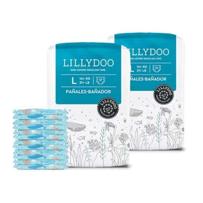 Imagen de Pañales bañador LILLYDOO desechables, respetuosos con la piel, para bebés talla L (14+ kg), 2 paquetes (34 unidades) diseño acuático, una protección segura en el agua