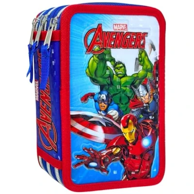 Imagen de Clondo Estuche de triple relleno para niños, niños y niñas, 44 utensilios escolares, 3 cremalleras, lápices colores, rotuladores, tijeras, Avengers25,