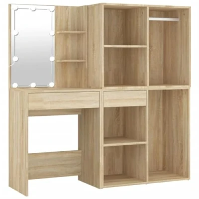 Imagen de vidaXL Tocador con LED y 2 Armarios Mueble Mesa Maquillaje Vestidor Joyas Cosmético Espejo Almacenamiento Luces Madera Contrachapada Color Roble