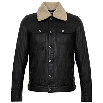Imagen de Infinity Leather Chaqueta Hombre de Cuero Negro con Cuello Extraíble Piel Oveja Estilo Abrigo Casual L