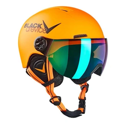Imagen de BLACK CREVICE Casco de esquí para niños Leogang I con viseraestilo piloto Snowboard y niñas Transpirable Tamaño Ajustable (48 52, Neón Naranja)