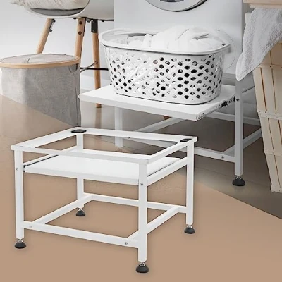 Imagen de ML Design Pedestal para Lavadora o Secadora con Estante Extraíble Blanco 62,5 x 53,5 45 cm de Acero, Capacidad hasta 150kg Pies Regulables Soporte Alto Base Estable y Robusta Bastidor Universal