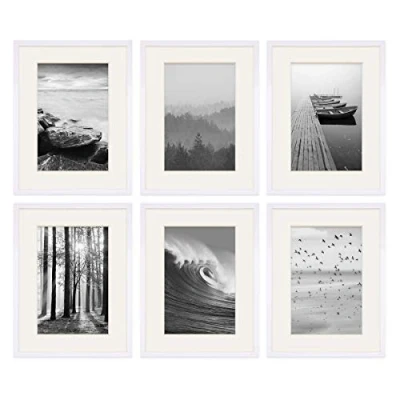 Imagen de PHOTOLINI marcos 30x40 cm blanco madera MDF, set de 6 para pósteres con paspartú 20x30 cm, cristal acrílico, colgar y poner pie, incluye accesorios fotos, láminas