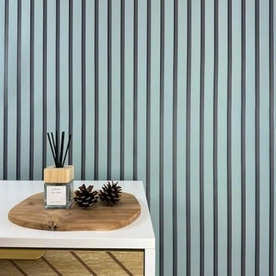 Imagen de WALLCOVER Papel pintado azul a rayas negras gris azulado paneles de pared estilo escandinavo moderno listones fabricados en Alemania