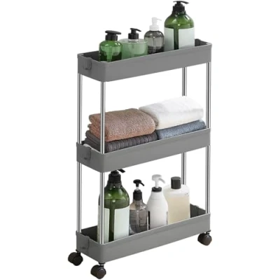 Imagen de SONGMICS Carrito Auxiliar con Ruedas de 3 Niveles, Cocina, Estantería Ruedas, Organizador, Ahorra Espacio, para Baño Cocina Oficina, 42 x 13,5 61 cm, Gris KSC007G01