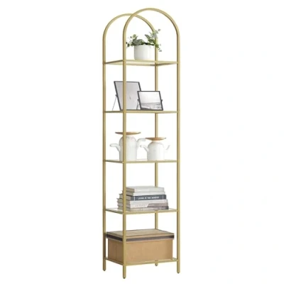 Imagen de VASAGLE Estantería de 5 Niveles, Vidrio Templado, Diseño Arqueado, Marco Acero, para Salón, Dormitorio, Estudio, Baño, Dorado Metálico y Transparente LGT501A01